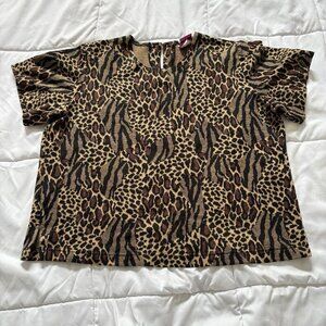 Vintage 80s 90s Animal Print Boho T Shirt Blouse Womens XL/2X Brown